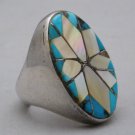 Zuni Mother of Pearl/Turquoise Sterling Silver Large Heavy Mens Ring Size 10.25