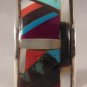 Zuni Inlay Turquoise Coral Jet and Mother of Pearl Cuff Bracelet Sterling Silver