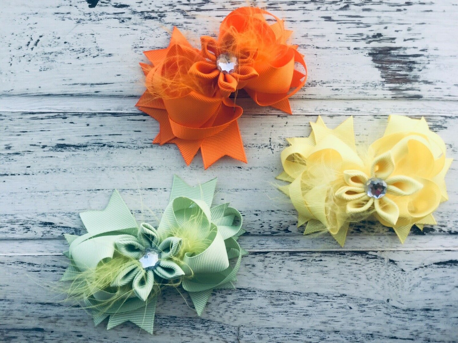 3 Stacked Hair Bows With Feathers Fall Colors Girls