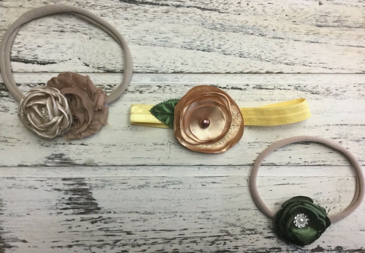 New Handmade Headbands Brown Shabby Mustard Yellow Sage Flowers Nylon Headband