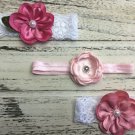 3 New Lace Handmade Headbands Newborn  Flower Baby Pink Mauve Photo Prop