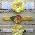 3 New Handmade Heabands For Baby And Toddler Golden Yellow Flowers White Lace.