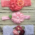 3 New Handmade Headbands Baby Toddler Special Occasion Photo Prop Flowers Pink