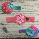 3 New Handmade Headbands Toddler Shabby Flowers Rolled Rose Coral Teal Purple