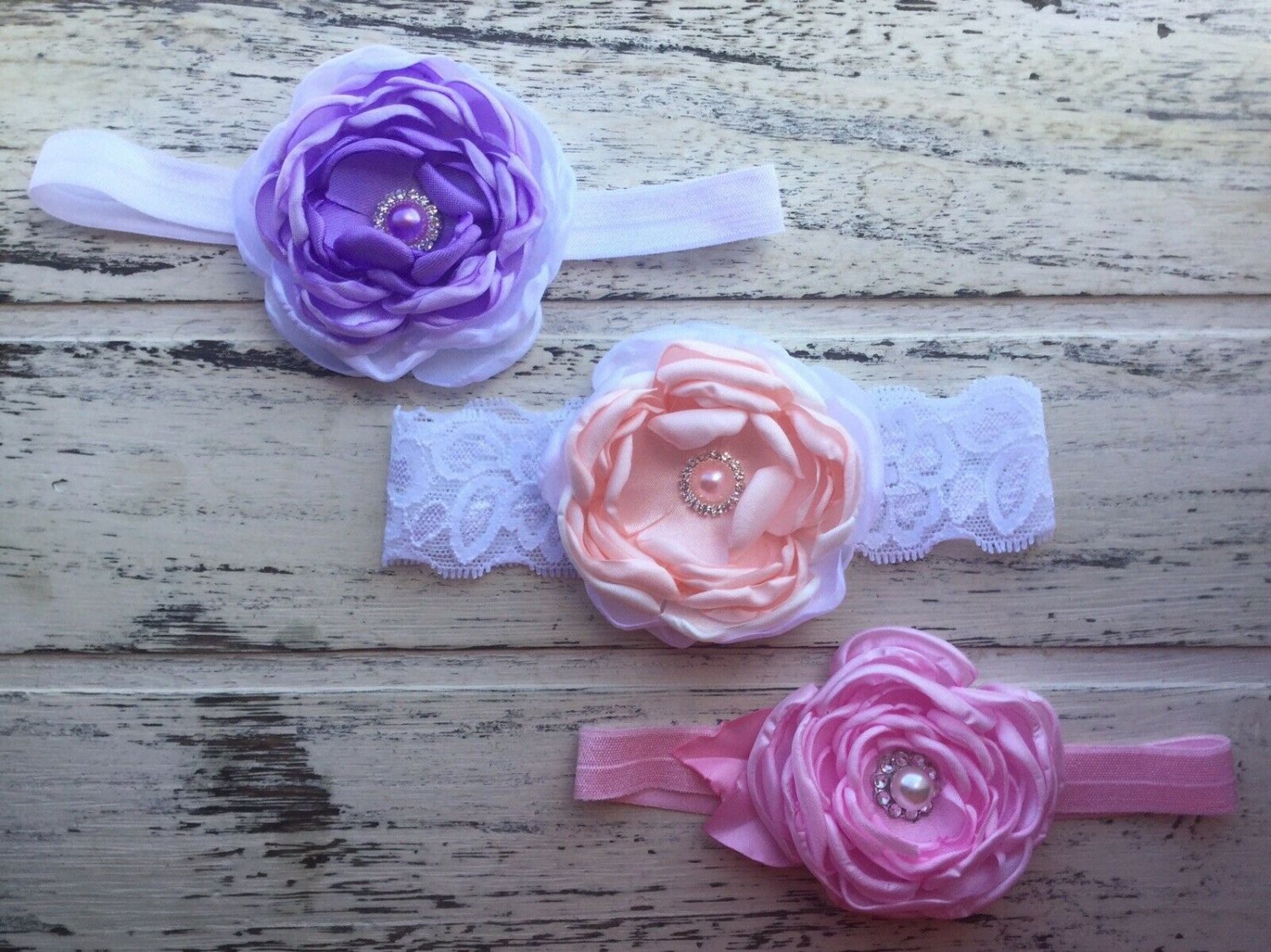 3 New Handmade Headband Burnt Edge Lace Lavander Peach Pink Lace Baby Photo Prop