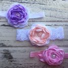 3 New Handmade Headband Burnt Edge Lace Lavander Peach Pink Lace Baby Photo Prop