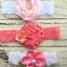 3 New Handmade Headbands Lace Photo Prop Special Occasion Pink White Coral