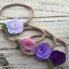 Bundle Of 4 New Nylon Hairbands Hair Ties Bookmarks W/ Felt Flowers Purple Pink