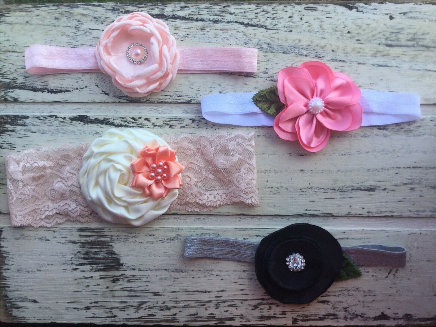 Bundle 4 New Handmade Headband Toddler Flowers Pink Black Peach Special Occasion
