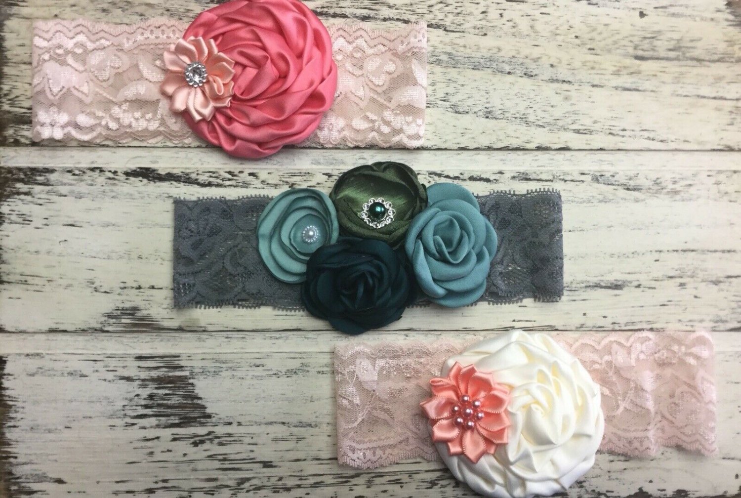 3 New Handmade Headbands Coral White Rolled Flower Teal Sage  Baby Toddler
