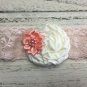 3 New Handmade Headbands Coral White Rolled Flower Teal Sage  Baby Toddler