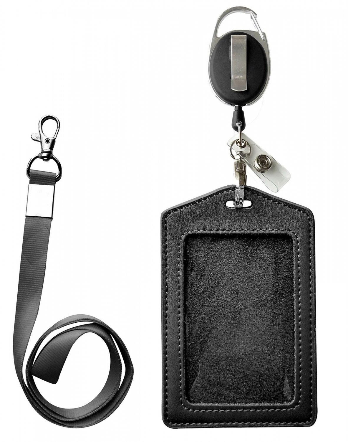ID Card Case + Heavy Duty Lanyard (Black) + Badge Holder Retractable Reel Car...