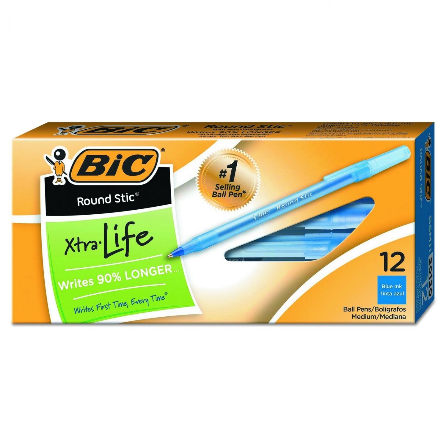 BIC Round Stic Xtra Precision Ballpoint Pen, Fine Point (0.8mm), Blue, 12-Count