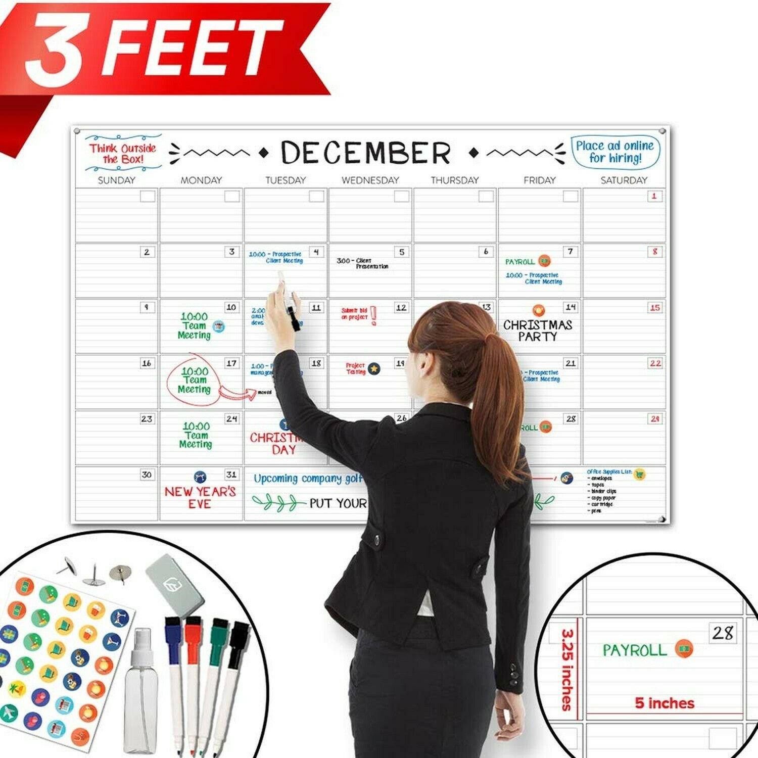 X Large Dry Erase Wall Calendar - 24"x 36" Premium Giant Oversized Undated Er...