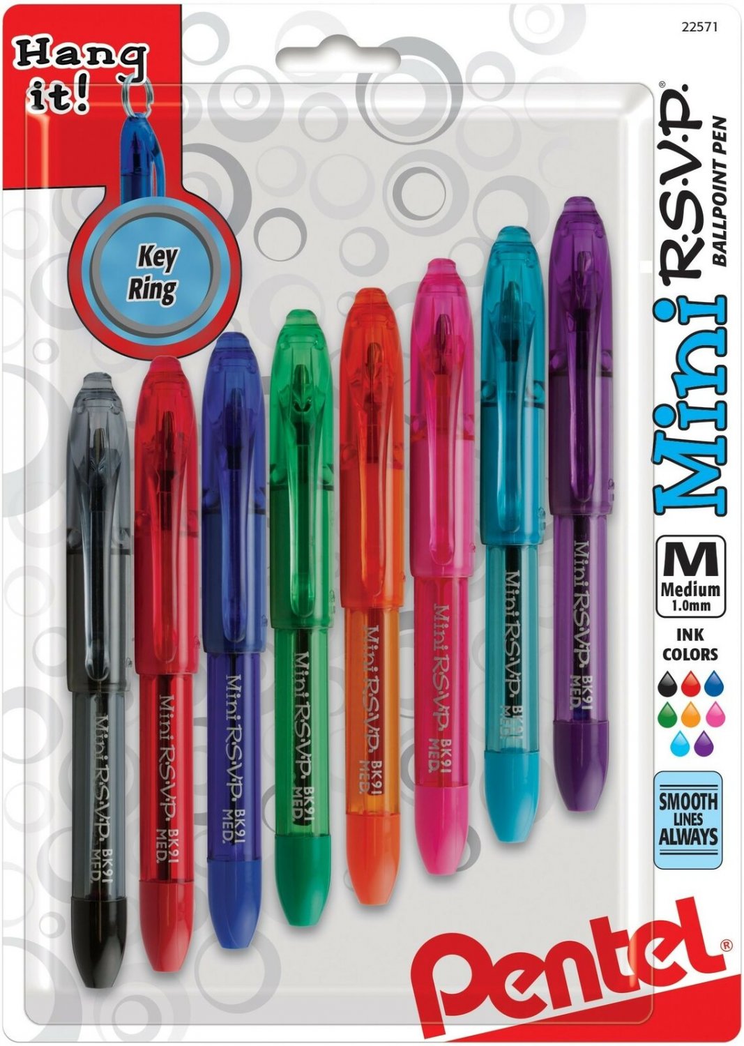 Pentel RSVP Mini Ballpoint Pen, (1.0mm) Medium Line, Assorted Ink w/Key Ring,...