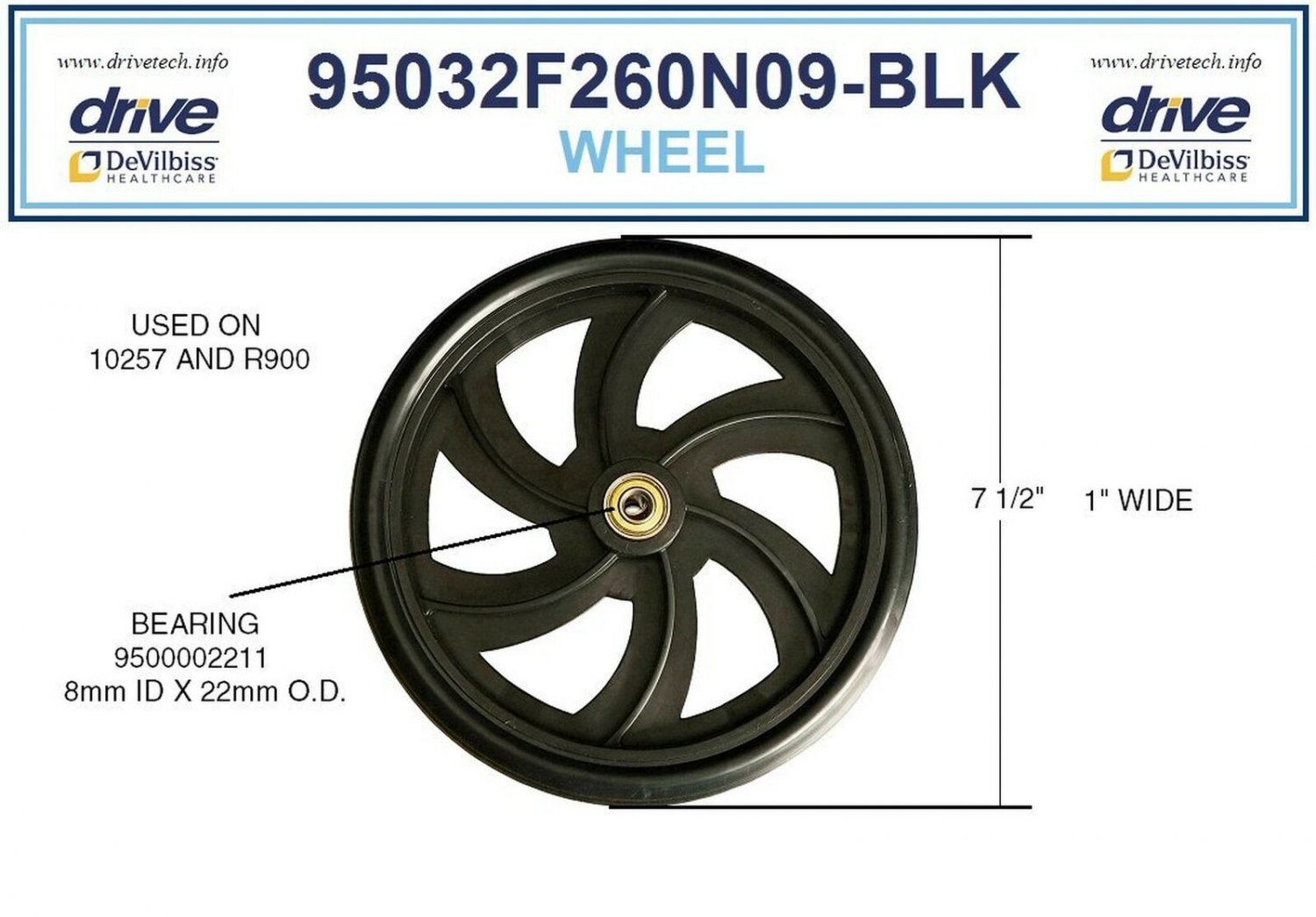 Drive Replacement Wheel for Rollator Model 10257 (Wheel Black 7.5")