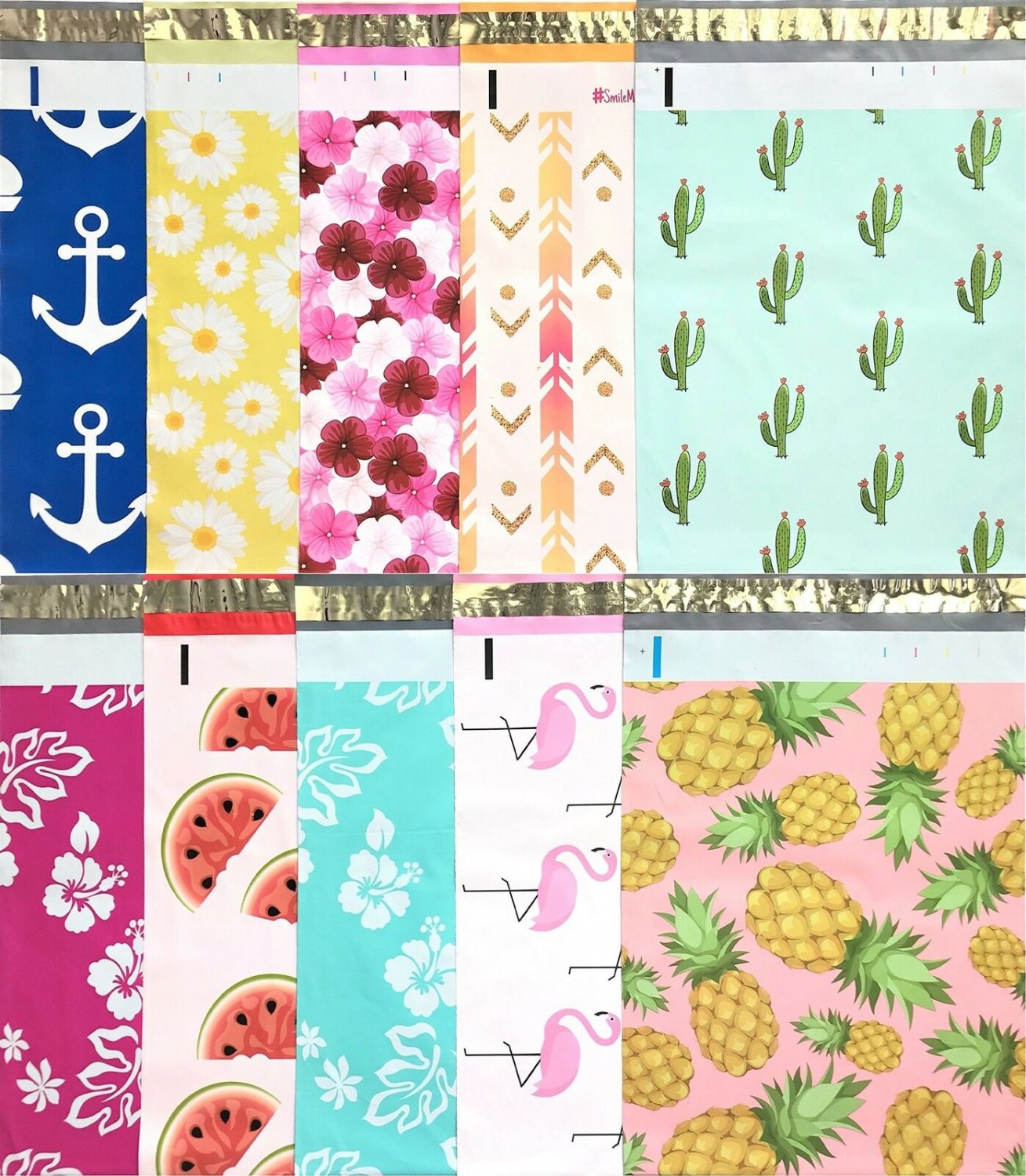 Designer Poly Mailers 10x13 : Sample Variety Pack ~ Anchor, Daisy, Hibiscus, ...