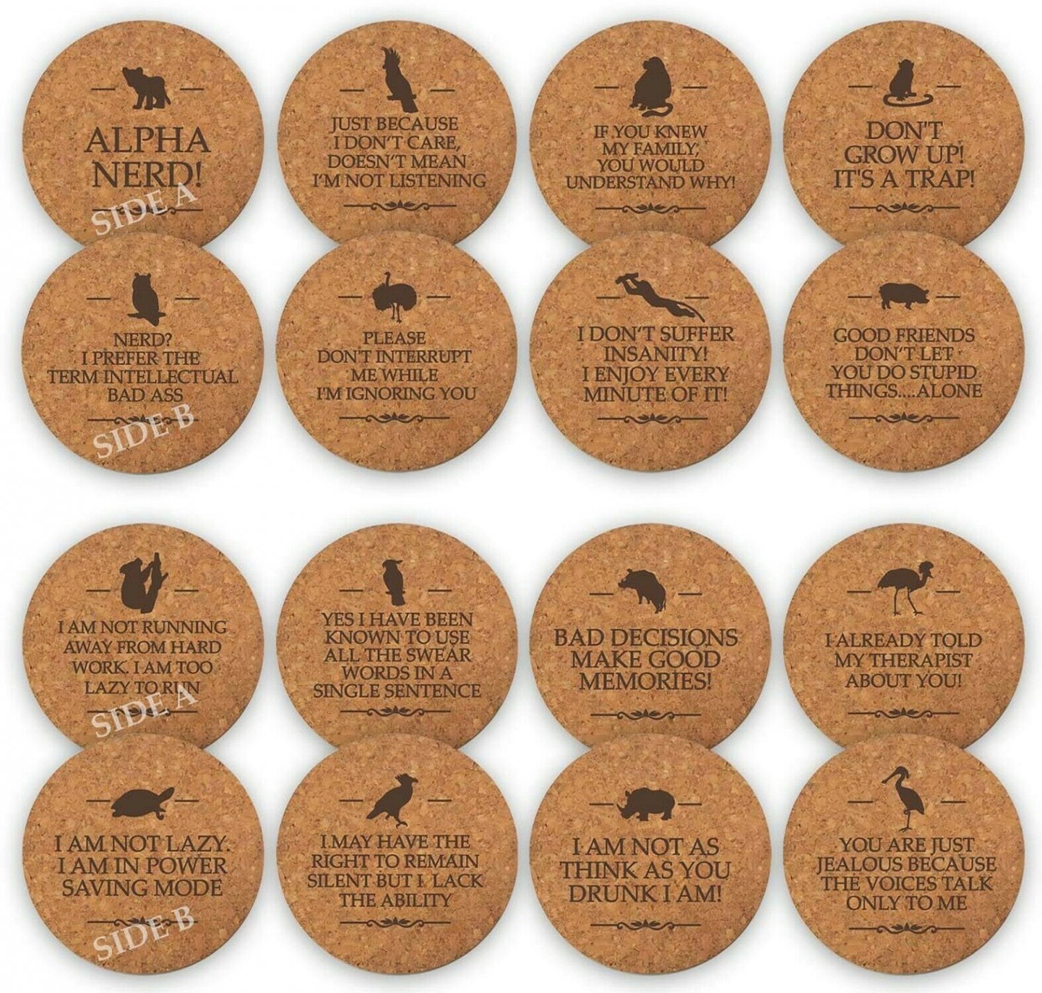 TANGRA Funny Party Cork Coasters Set of 8 Double Sided Laser Engraved with 16...
