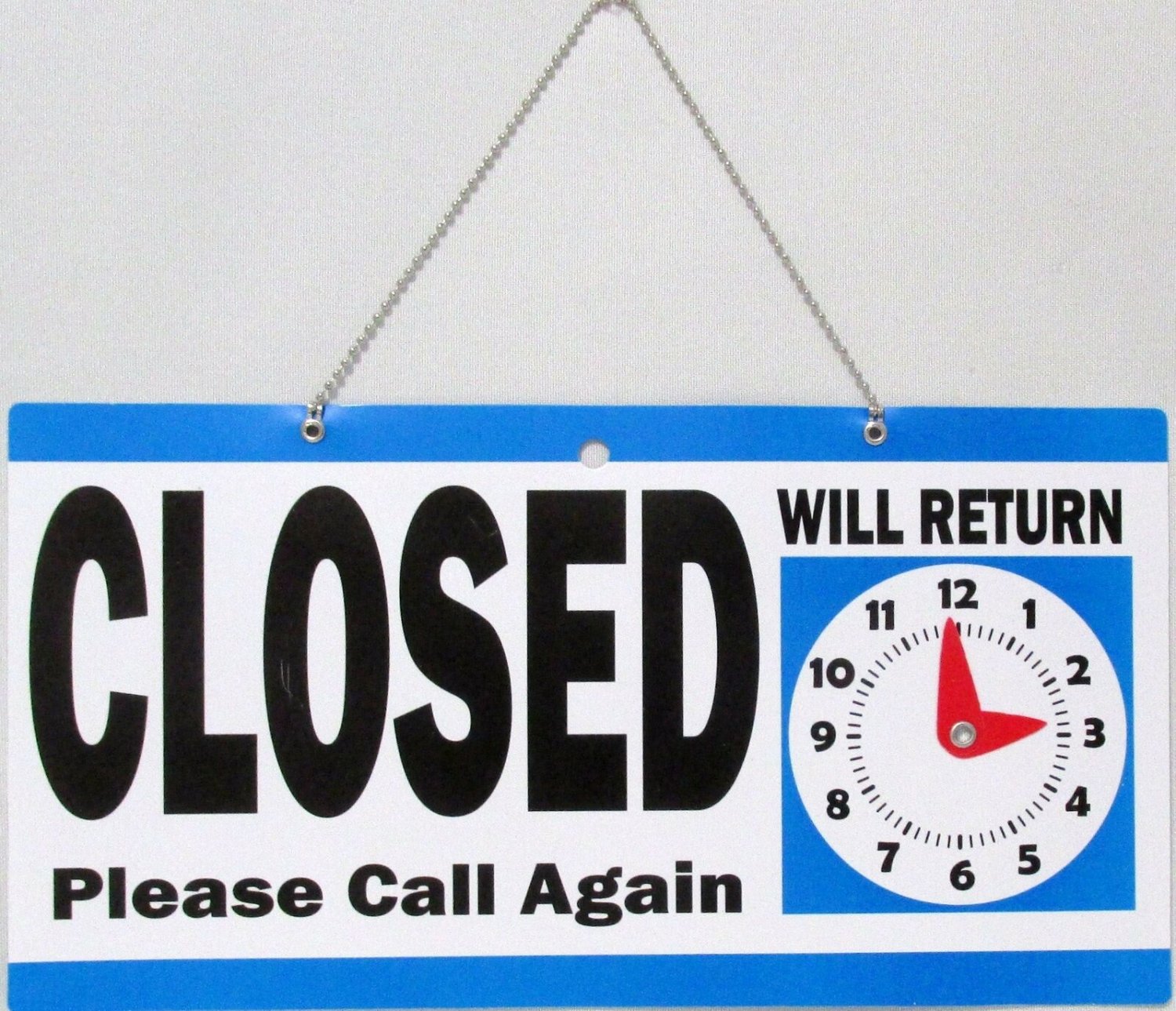 Open Closed Store Sign with Will Return Clock, Blue