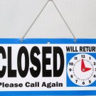 Open Closed Store Sign with Will Return Clock, Blue
