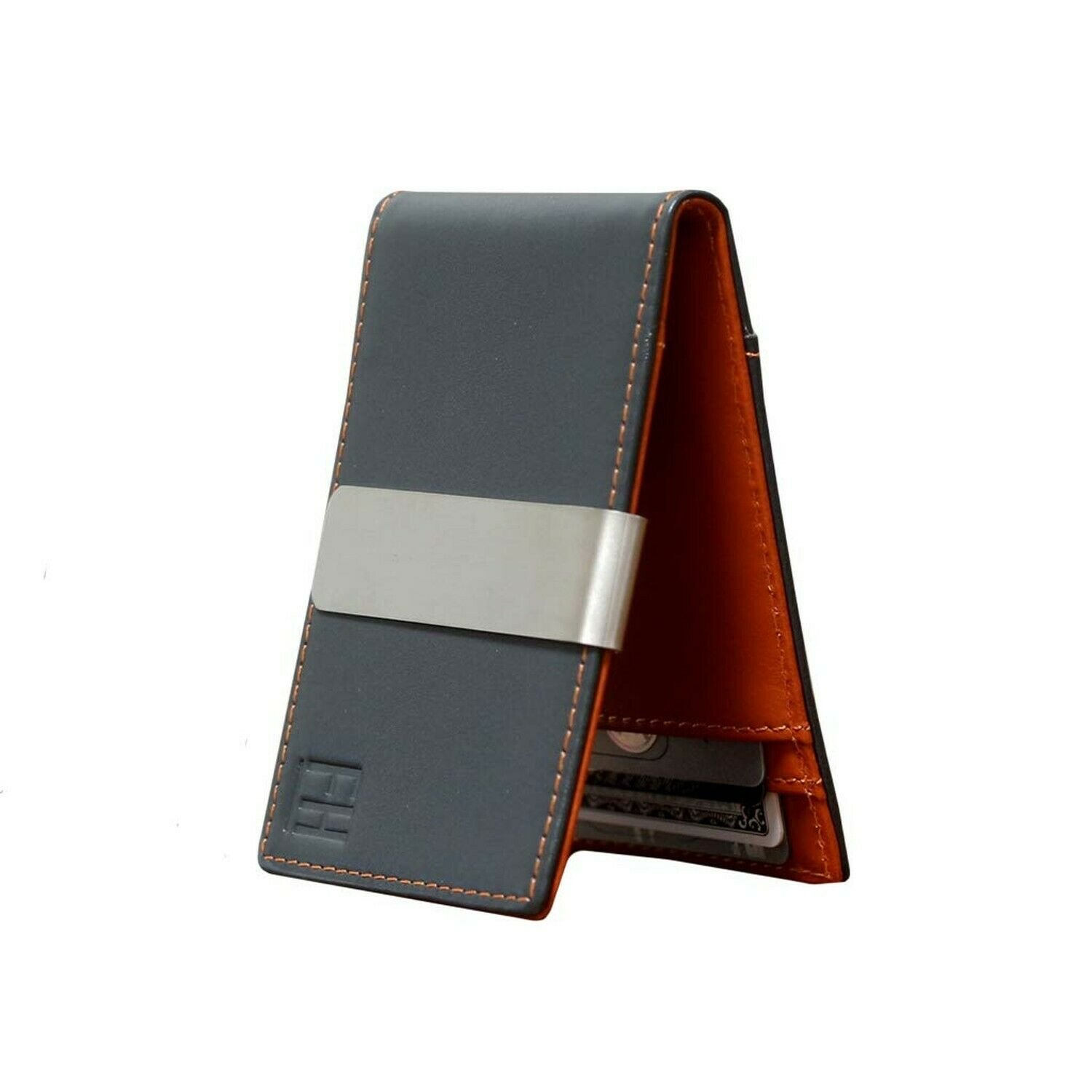 F&H Minimalist Slim Leather Wallet Money Clip Holds 8 Cards Charcoal / Rust
