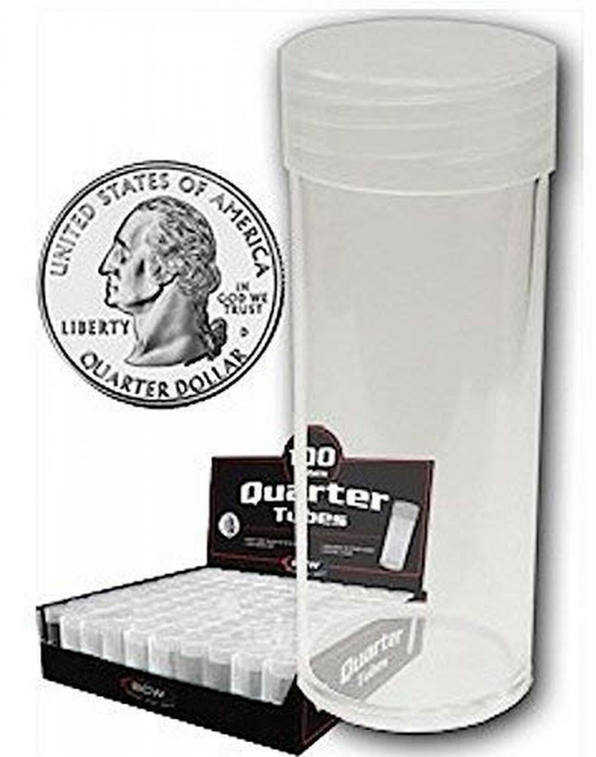 COIN STORAGE TUBES, clear plastic w/ screw on tops for Quarters (Qty of 25 tu...