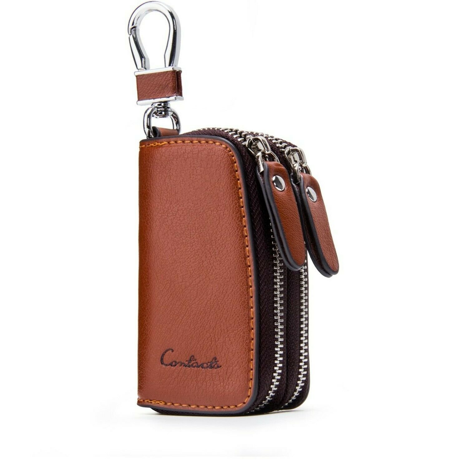 Contacts Genuine Leather Double Zipper Car Key Case Holder Wallet Key Bag Brown
