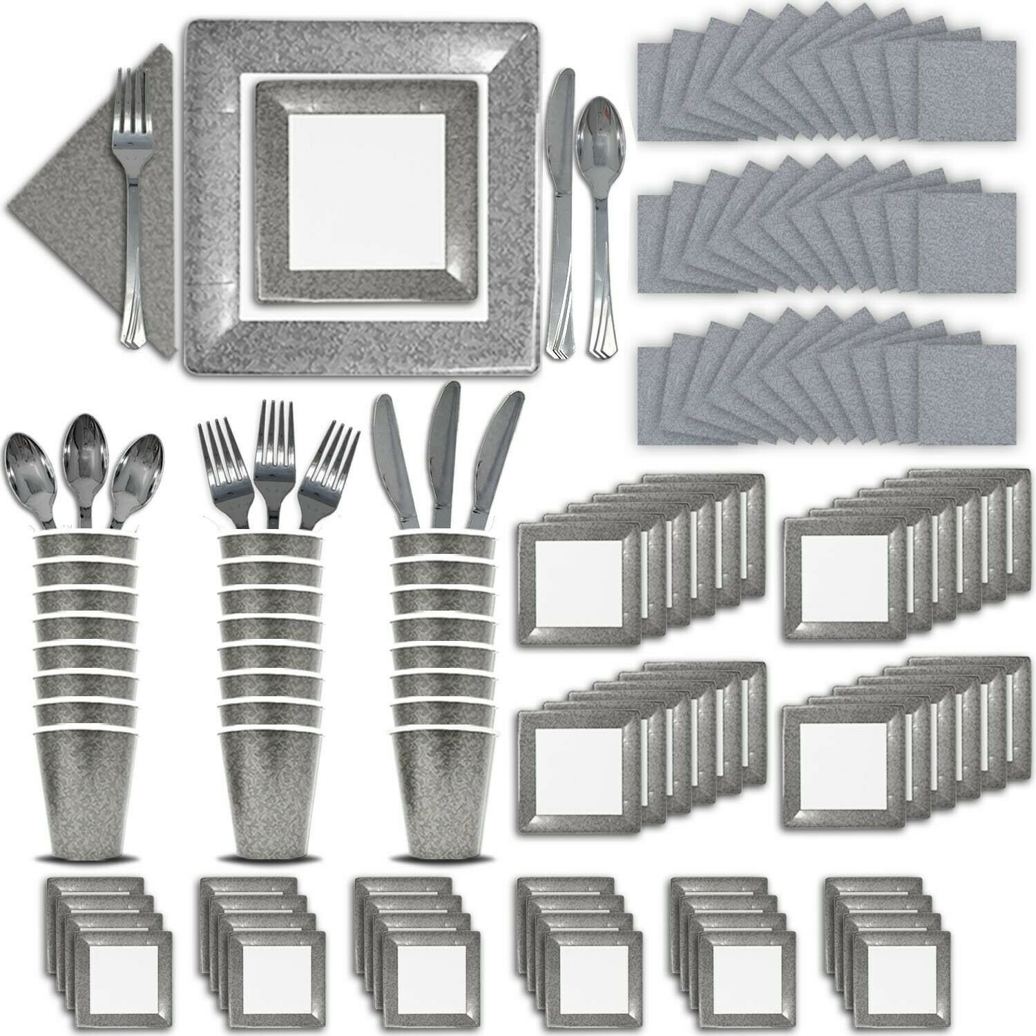 Fancy Disposable Silver Dinnerware Set - 24 Guest - 2 Size Square Plates, Cup...