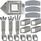 Fancy Disposable Silver Dinnerware Set - 24 Guest - 2 Size Square Plates, Cup...