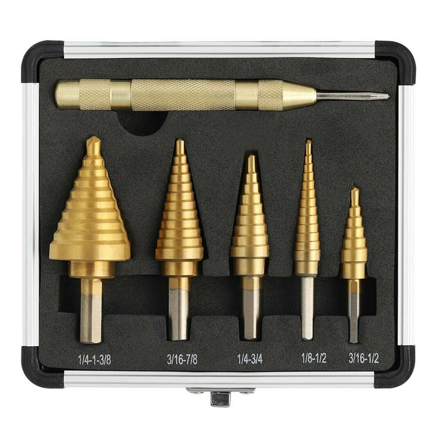 COMOWARE Step Drill Bit Set & Automatic Center Punch- Unibit, Titanium Coated...