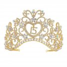 FF Rhinestone Sweet 15 Birthday Tiara Crowns for Girls (Gold) Gold