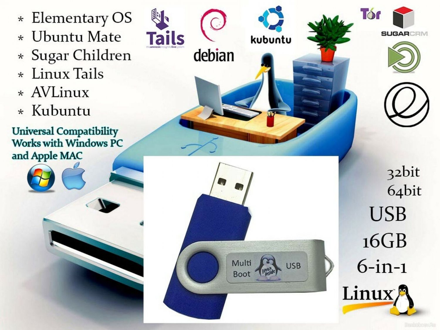 Linux 6-in-1 Operating Systems Collection Install / Recovery MultiBoot Bootab...