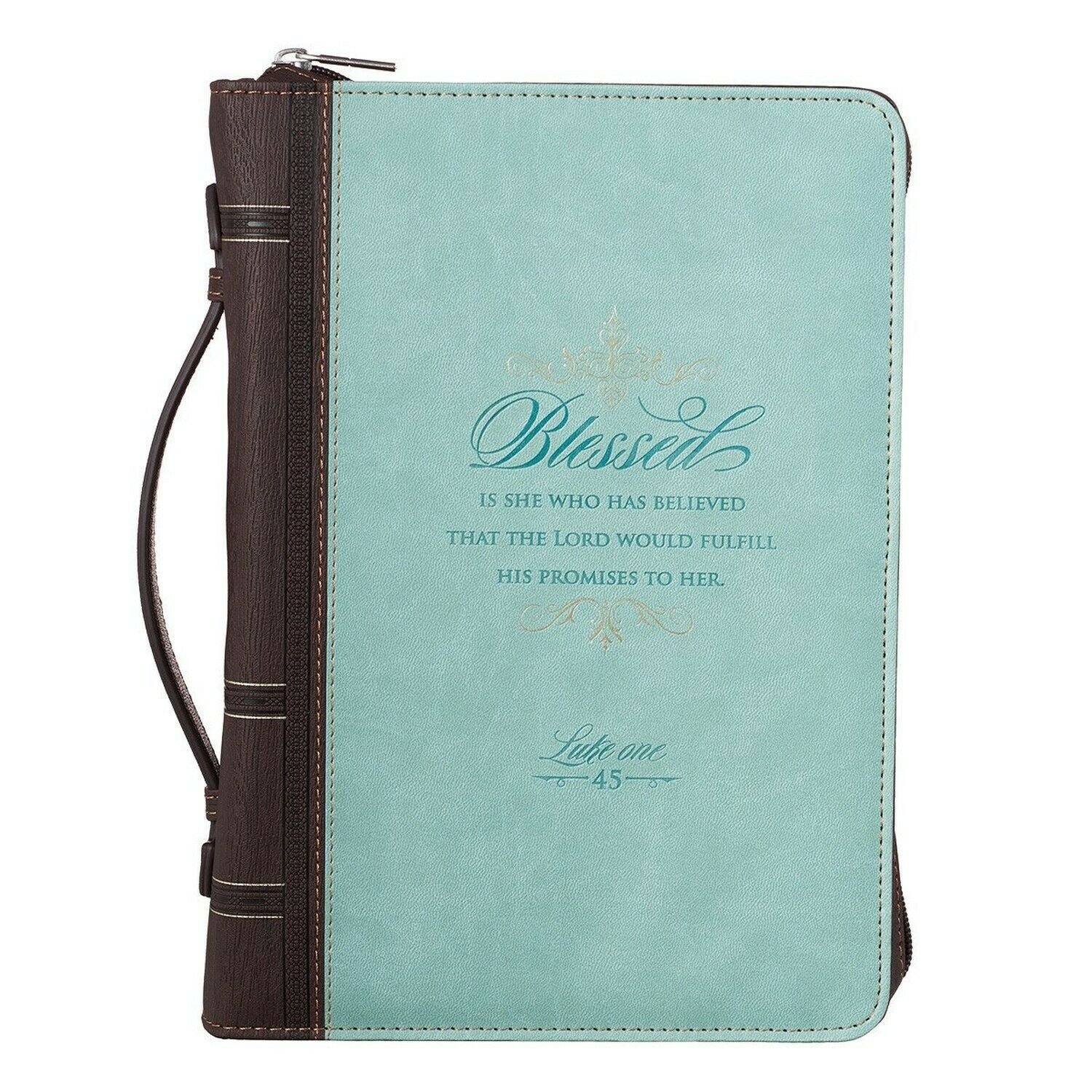 Bible Cover, Blessed Is She, Light Blue and Brown, Medium