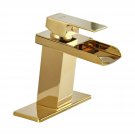 BWE Gold Waterfall Bathroom Sink Faucet Single Handle One Hole Deck Mount Lav...