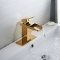 BWE Gold Waterfall Bathroom Sink Faucet Single Handle One Hole Deck Mount Lav...