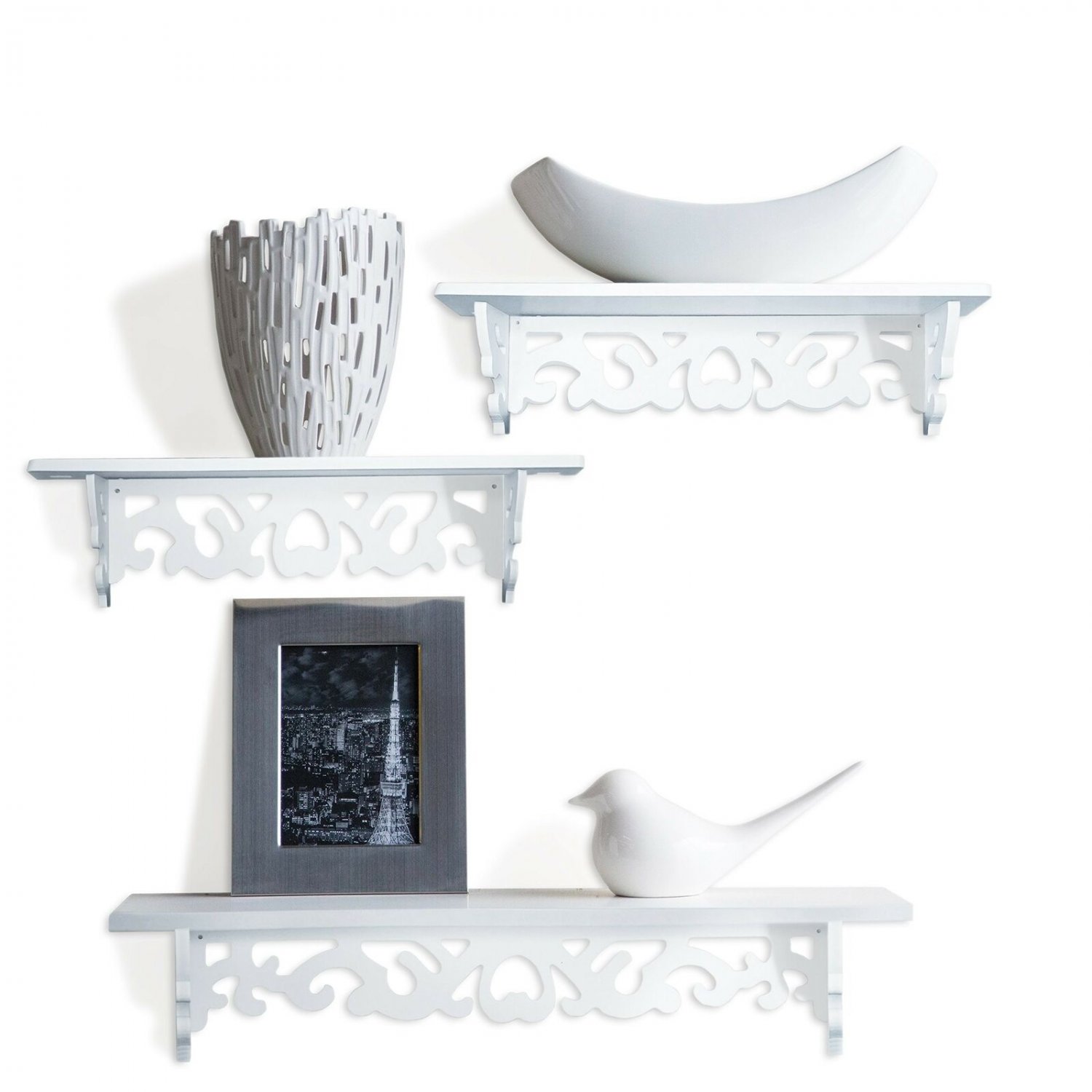 White Book Shelf Floating Wall Shelves Display Set of 3 Great for Books or Co...