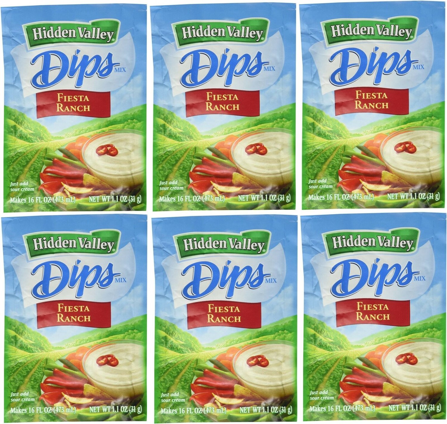 Hidden Valley Dips Mix, Fiesta Ranch 1.1 Oz Packets (Pack of 6)