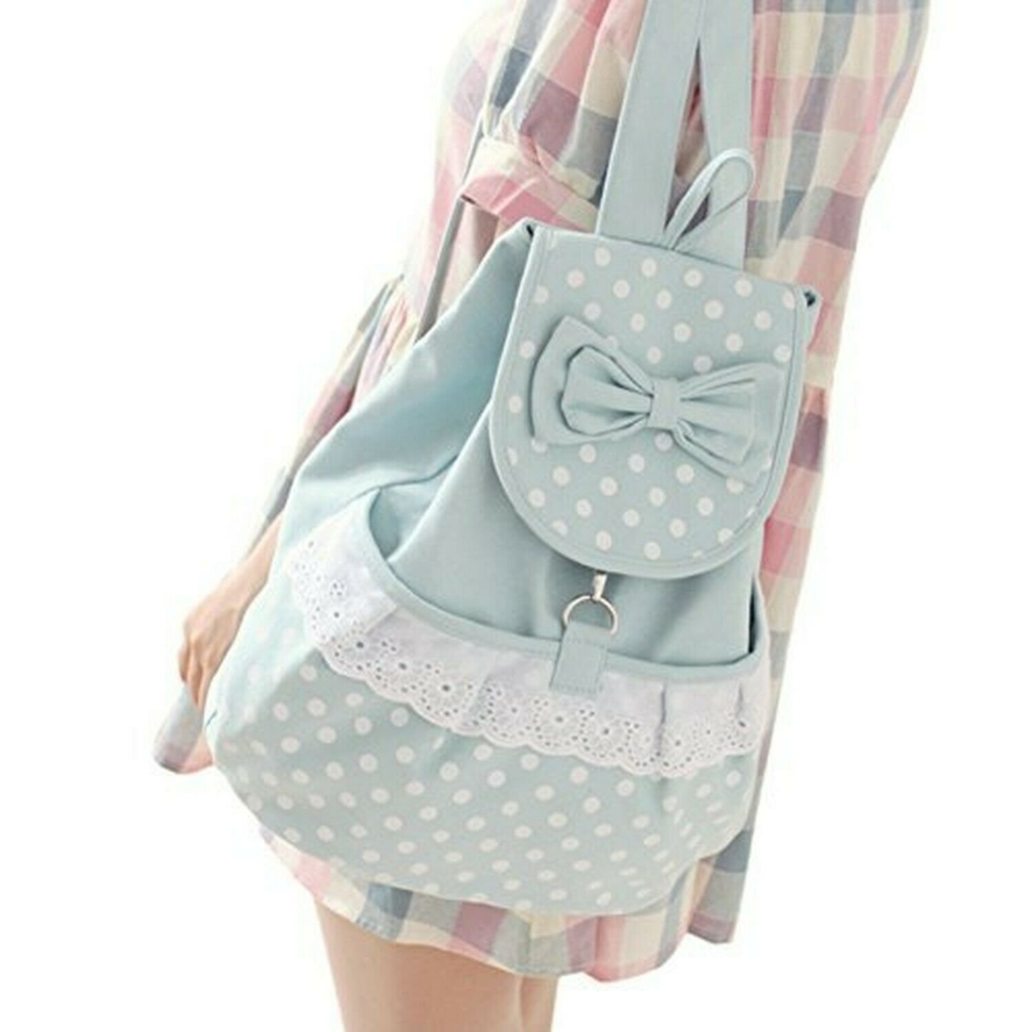 Kawaii Backpack Canvas Cute Polka Dot Bow Lace Bookbags Schoolbag Satchel Sch...