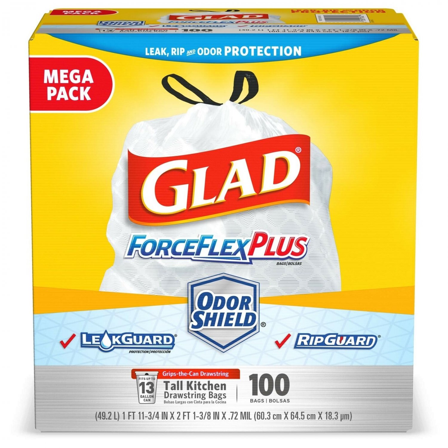 Glad ForceFlexPlus Tall Kitchen Drawstring Trash Bags -13 Gallon White Trash ...
