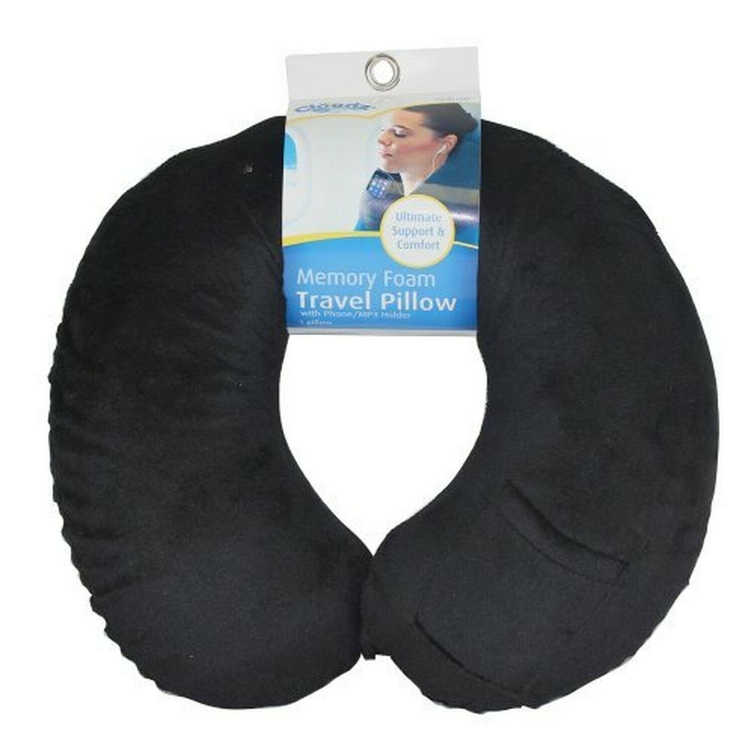 Cloudz Memory Foam Travel Neck Pillow with Snap & Pocket - Black