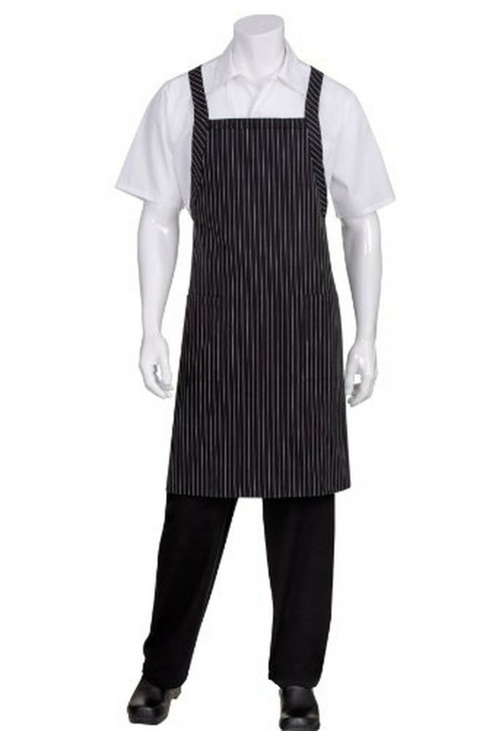 Chef Works Unisex Cross-Back Bib Apron, Black W/White Pinstripe, One Size