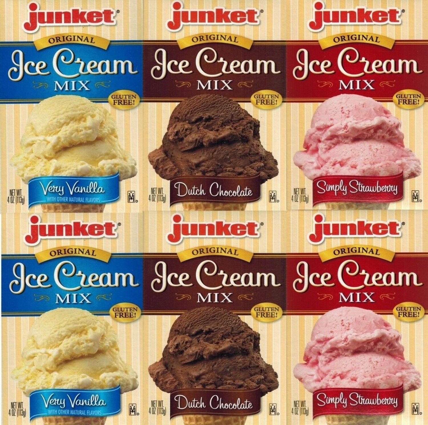 Junket Ice Cream Mix Bundle - 2 Vanilla, 2 Chocolate, 2 Strawberry (6 Total)