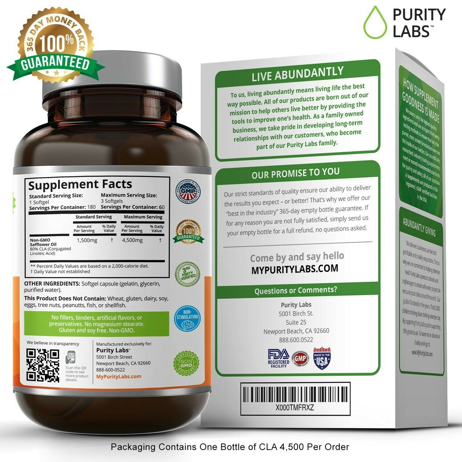 Purity Labs CLA 4,500 Safflower Oil Number One Natural Weight Loss Fat