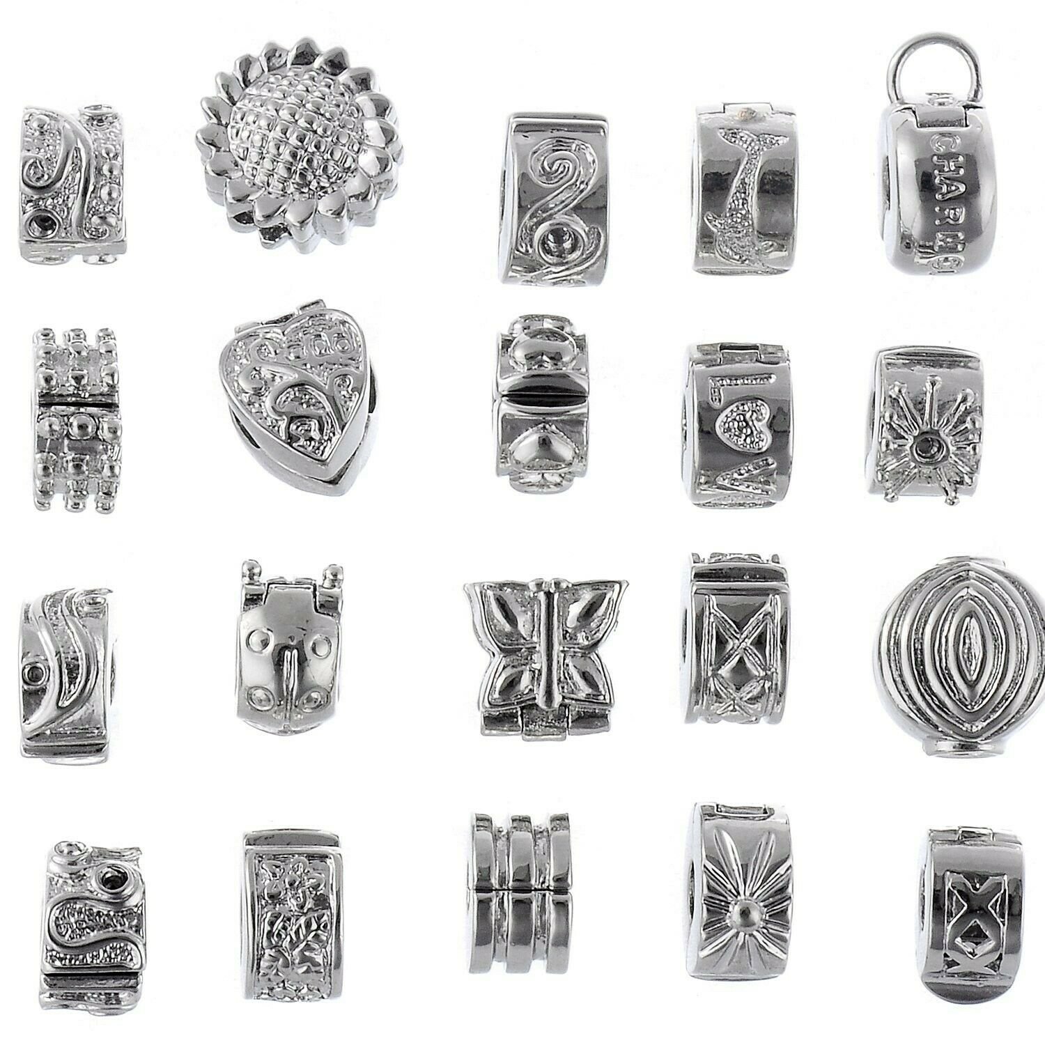 RUBYCA 40pcs Mix Lot of Silver Color Clip Lock Stopper Clasp Beads DIY fit Eu...