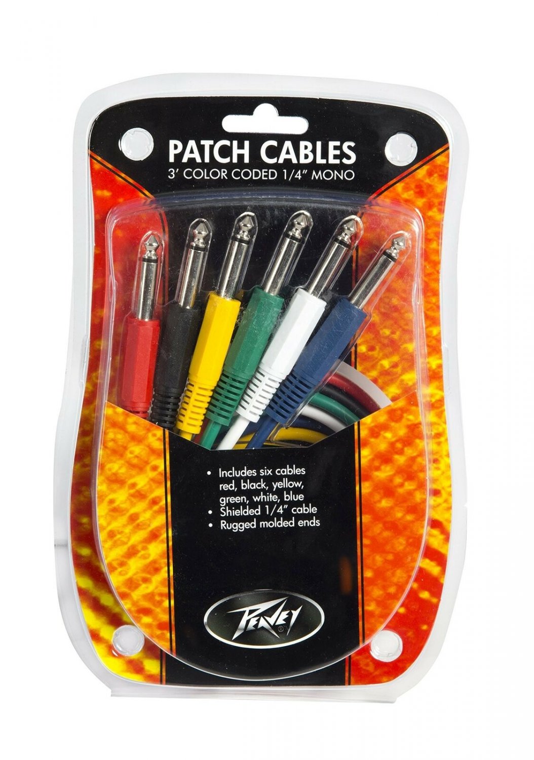 Peavey 3 Foot Colored 1/4 Inch Patch Cables, 6 Pack Multi Color