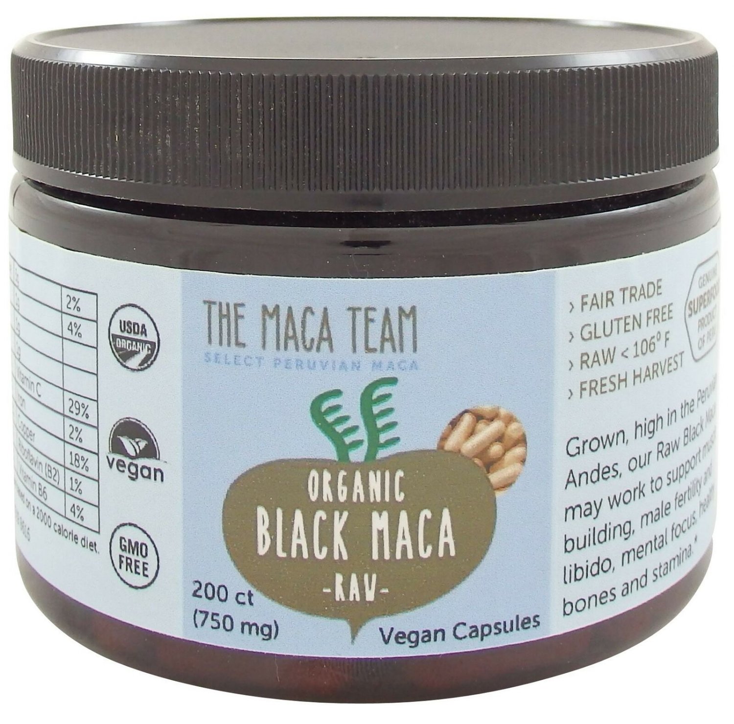 Black Maca Capsules - Raw, Certified Organic, Fresh Harvest from Peru, Fair T...