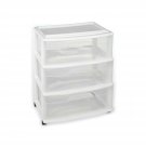HOMZ Plastic 3 Drawer Wide Cart, White Frame, Clear Drawers, 4 Casters Includ...