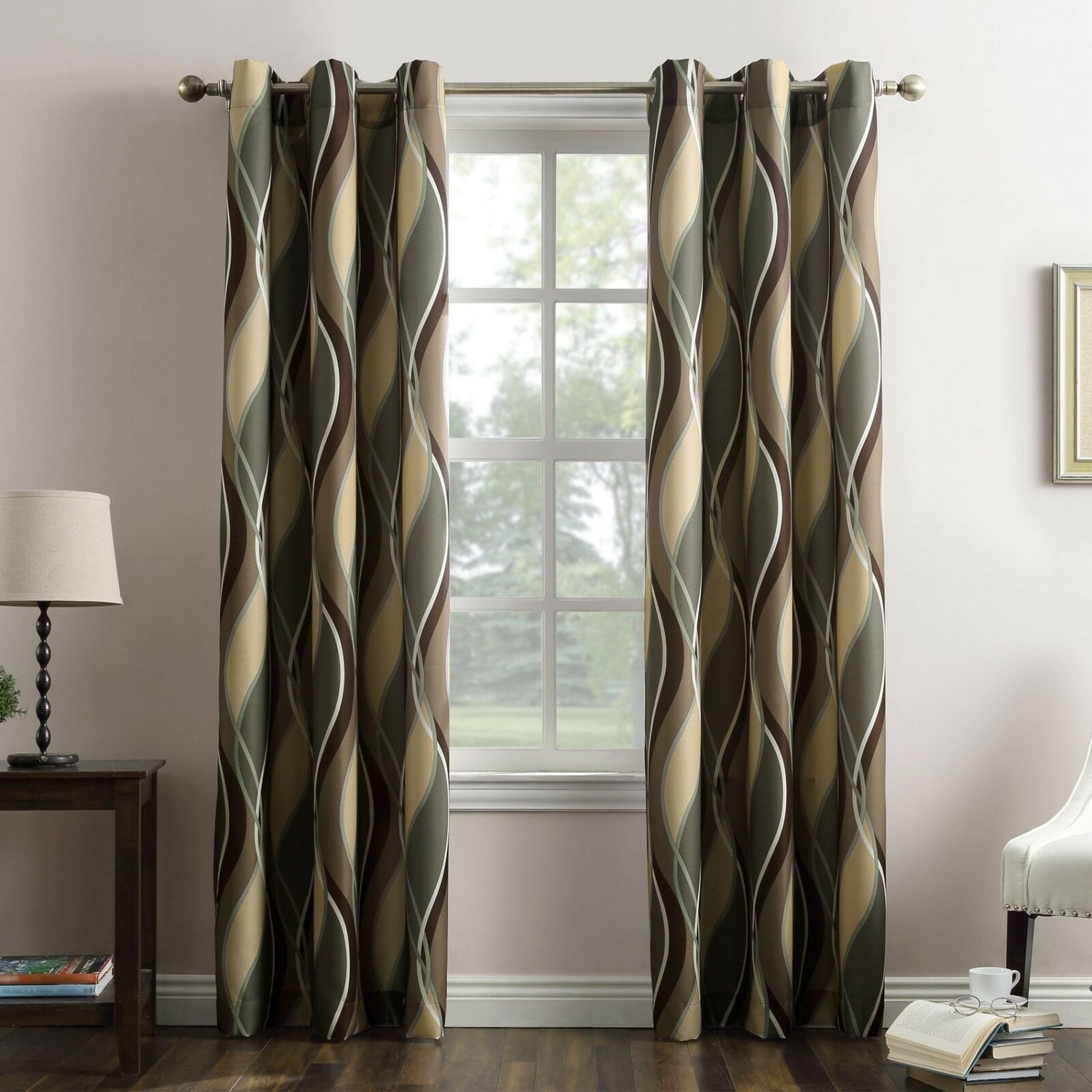 No. 918 Intersect Wave Print Casual Textured Curtain Panel, 48" x 84", Spruce...