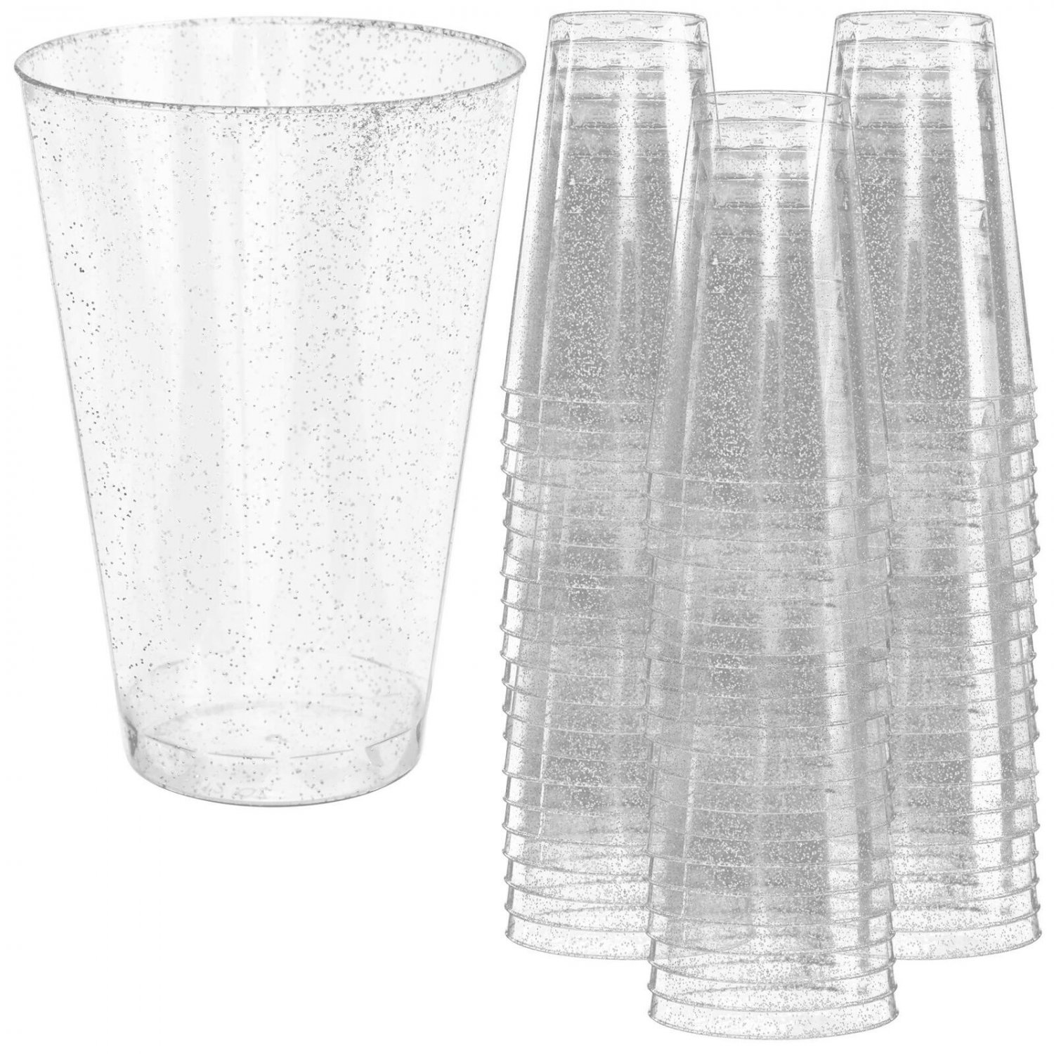 Glitter Disposable Cups | 14 oz. 50 Pack | Clear Plastic Cups | Silver Glitte...