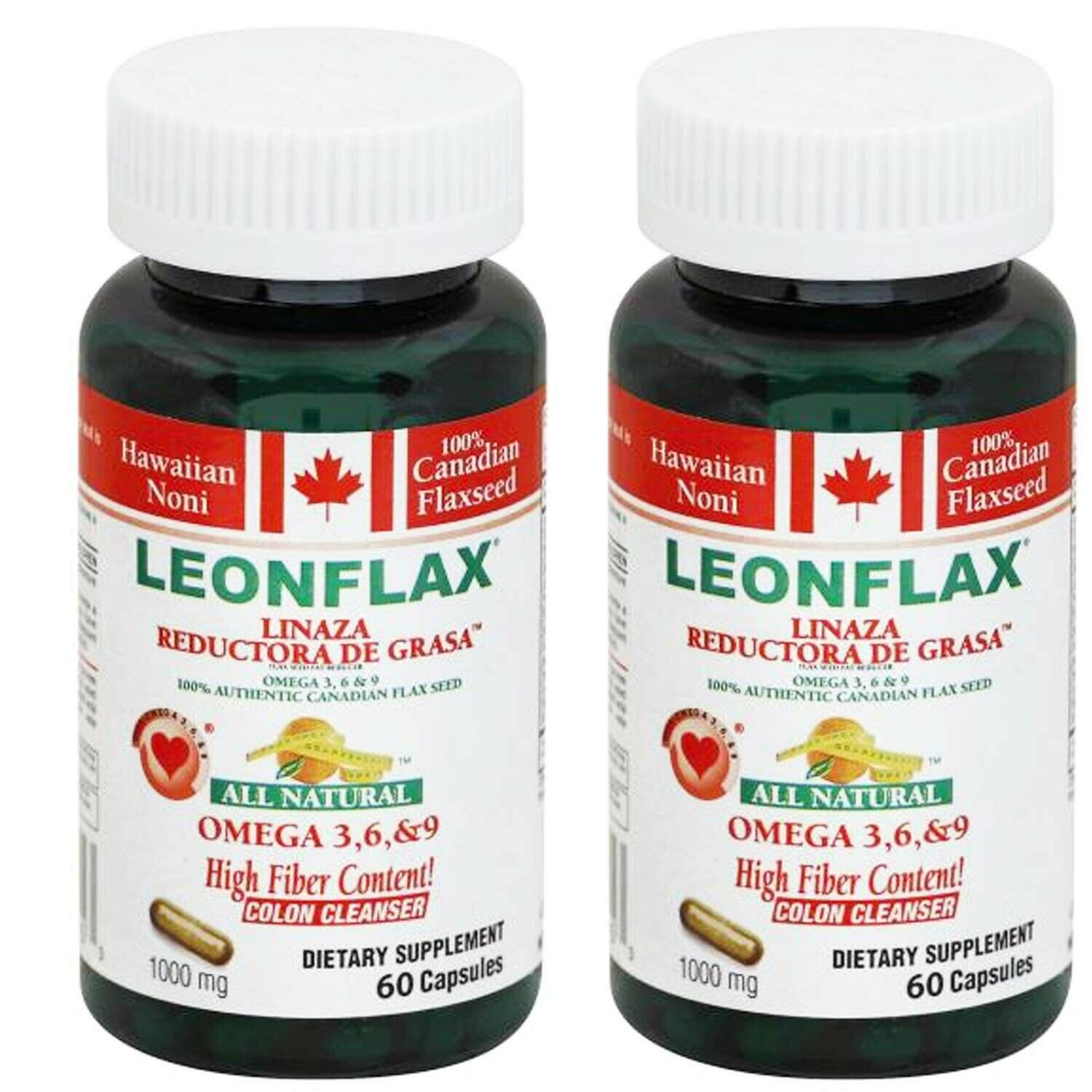 Leonflax Canadian Flaxseed Plus Fat Reducer 60 Capsules 1000mg 2-PACK